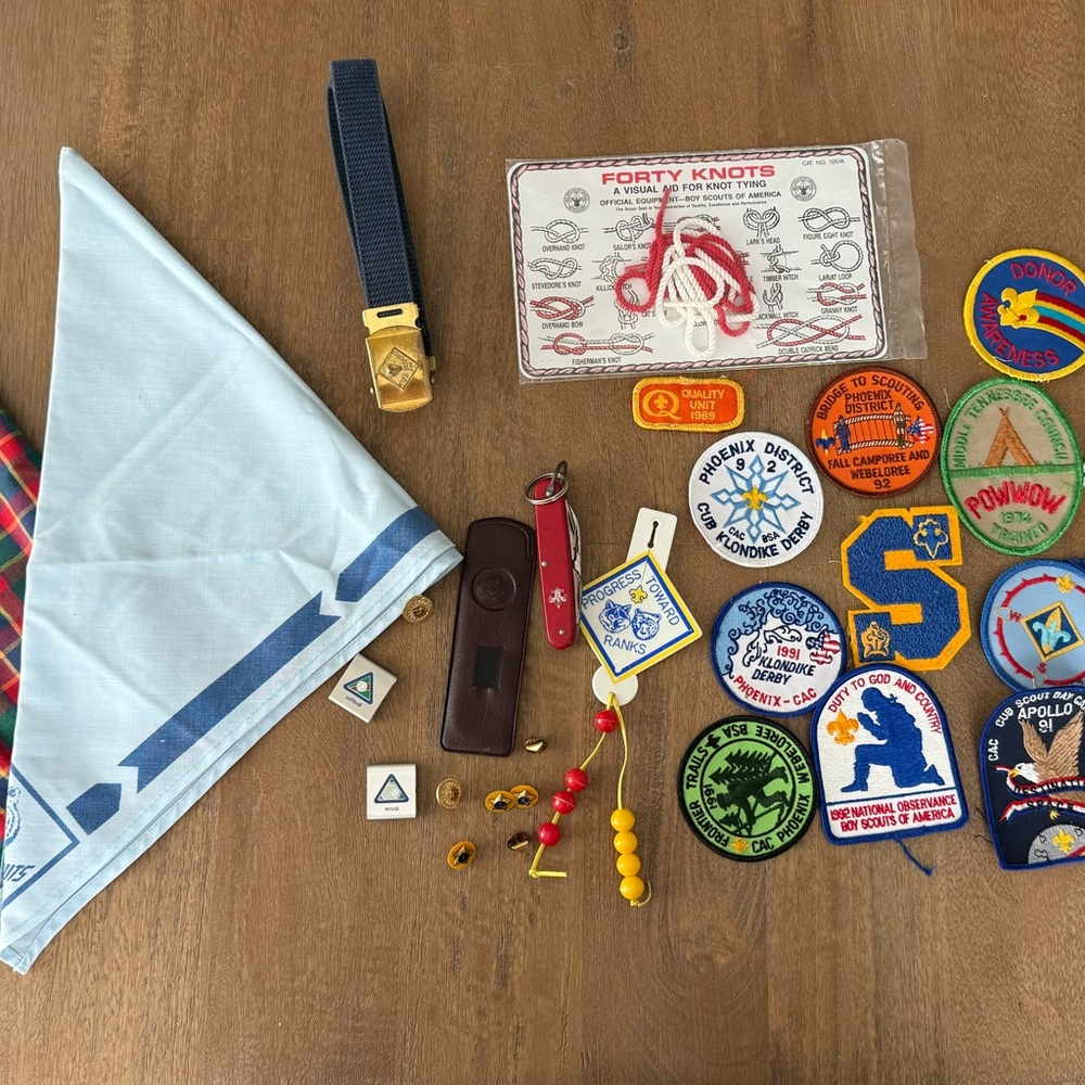 Vintage Boy Scouts Memorabilia Collection with Patches and Accessories